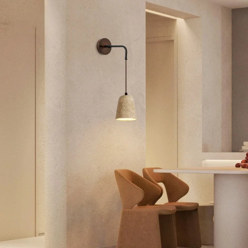 Axyaa Yellow Travertine Stone LED Wall Lamp Interior Wabi Sabi Pull Chain Switch