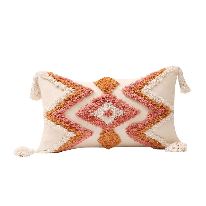 Axyaa Tufted Tassel Boho Cushion Cover in Warm Colors