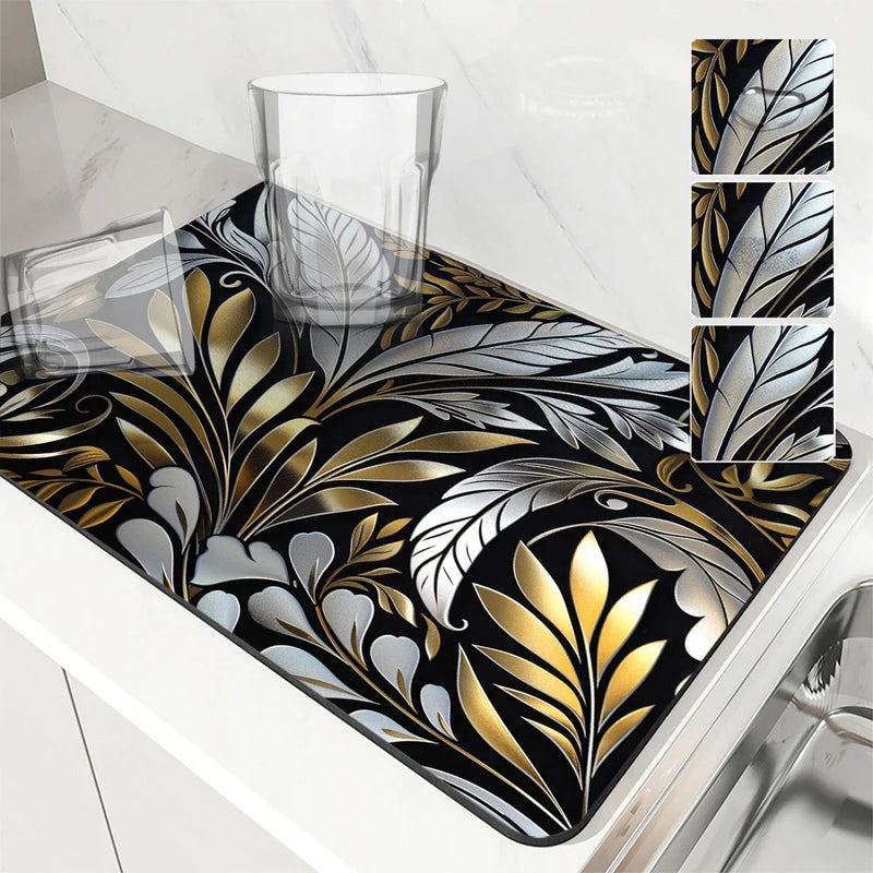 Axyaa Metallic Floral Branches Drying Mat: Non-Slip Absorbent Placemat