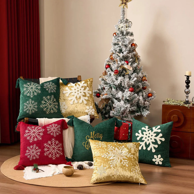 Axyaa Christmas Tree Bell Cushion Cover - Green Red Snowflakes, Pompom Balls Embroidery