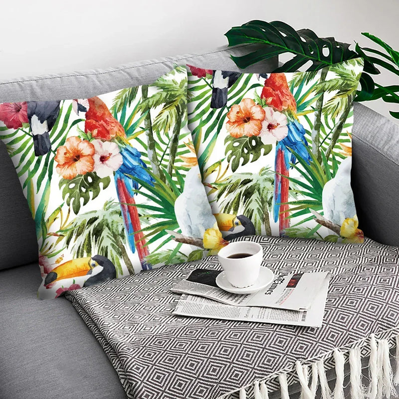 Axyaa Tropical Plant Parrot Decorative Pillow Cover - Flowers Sofa Cushion Case