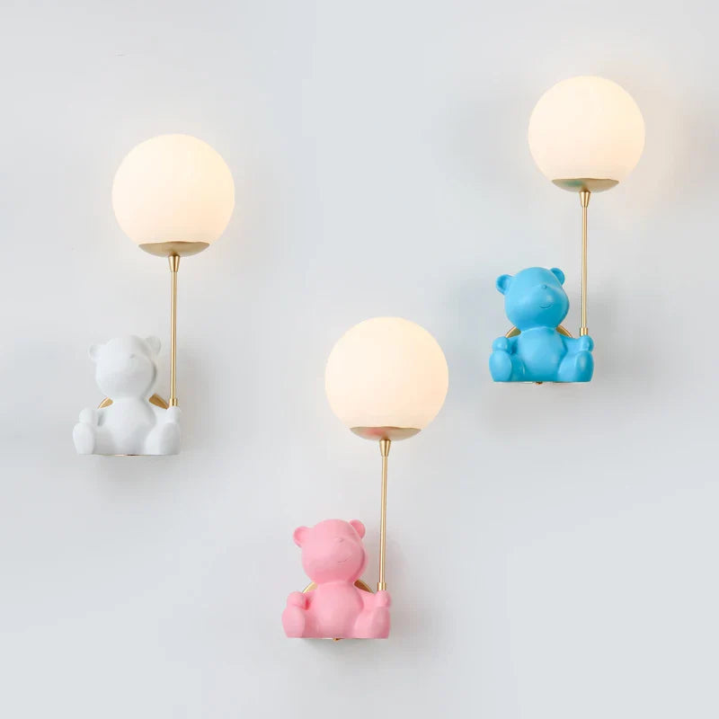 Axyaa Bear Wall Lamps | Glass Lampshade Pull Line Switch | Kids Bedroom Nursery Bedside Lamp