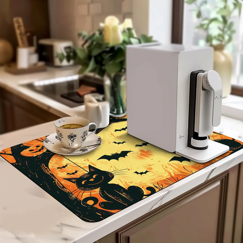 Axyaa Halloween Bat Owl Watercolor Drying Mat Black Absorbent Kitchen Mats