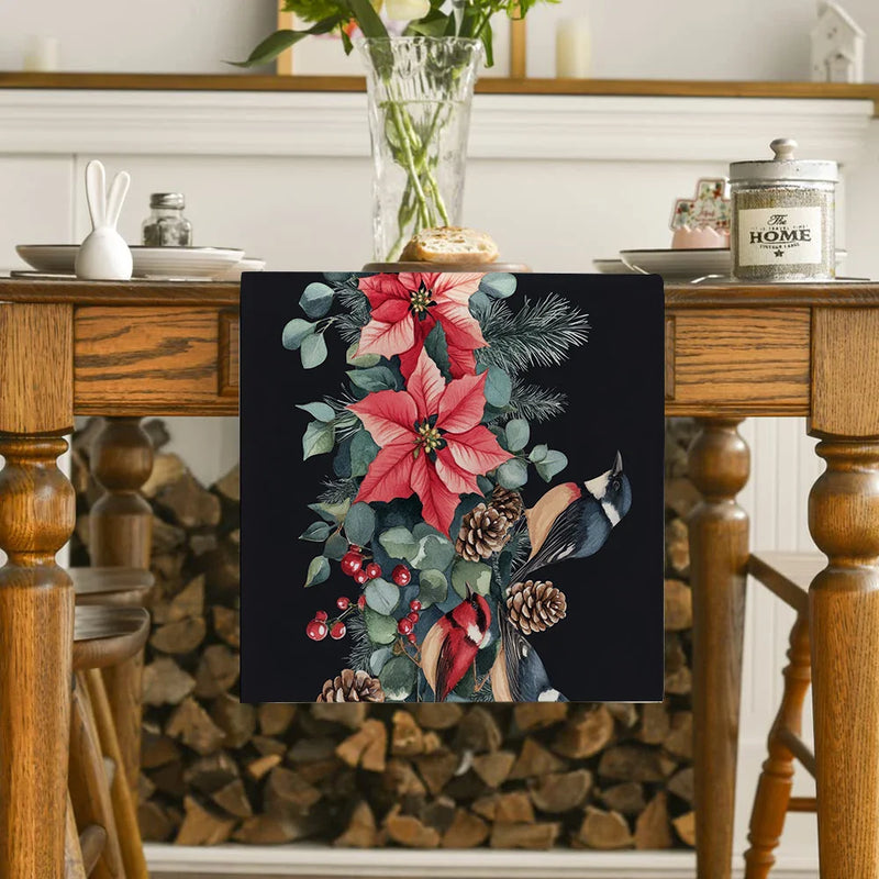 Axyaa Festive Table Runner - Christmas Bird Poinsettia Holly Fir Pine Cone