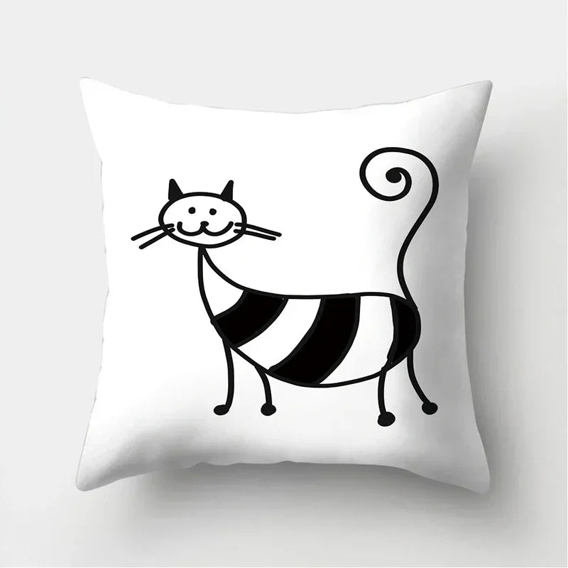 Axyaa Black & White Cat Pattern Cushion Cover for Living Room, Bedroom & Sofa