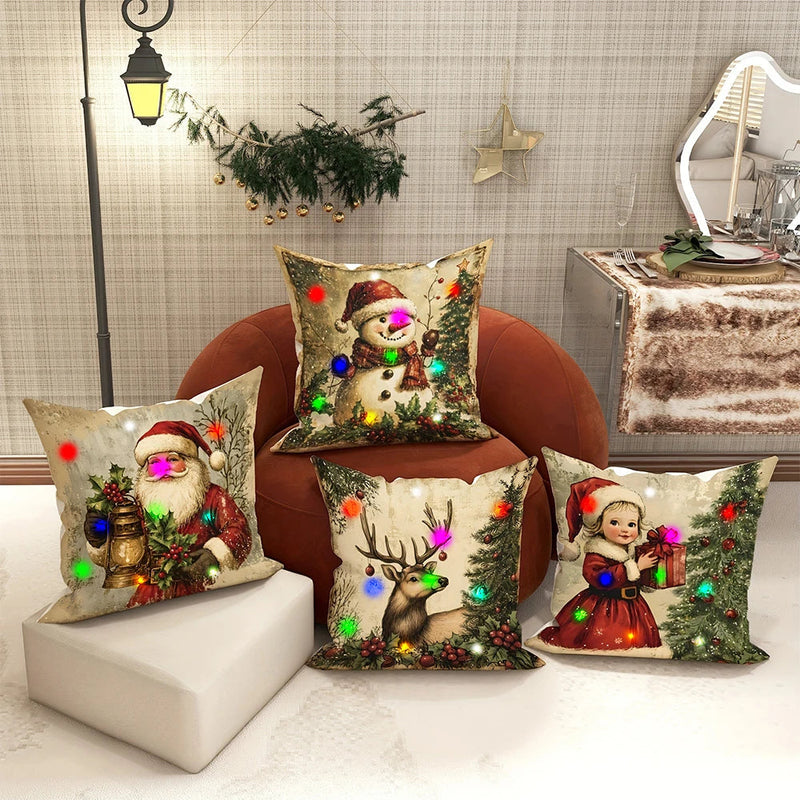 Axyaa LED Christmas Pillowcase with Santa Claus Snowman Fawn Design Home Party Decor