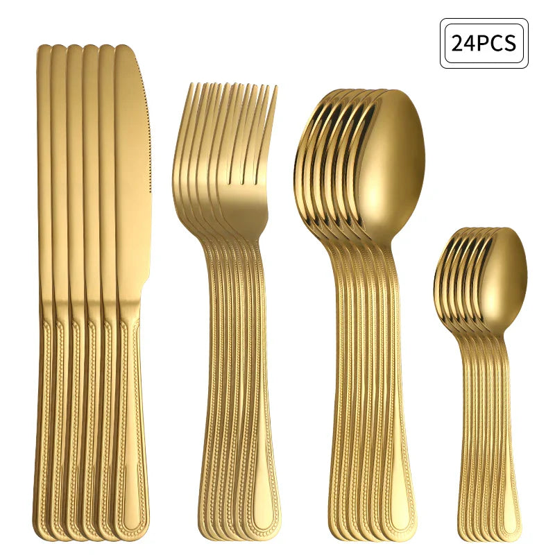 Axyaa 24pc Gold Stainless Steel Cutlery Set - Retro Style for Kitchen & Restaurant