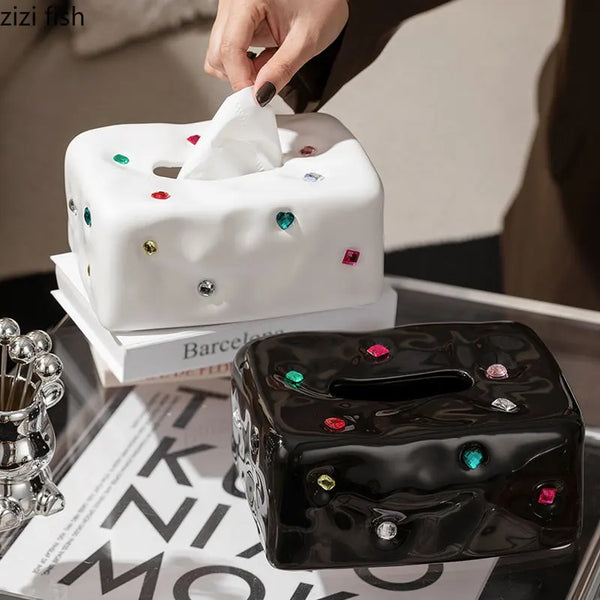 Gemstone-Set Ceramic Tissue Box & Cartoon Crystal Toilet Paper Holder by Axya for Desktop Organization