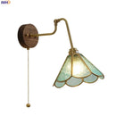 Axyaa Green Glass Copper LED Wall Sconce with Pull Chain Switch and Walnut Wood Base