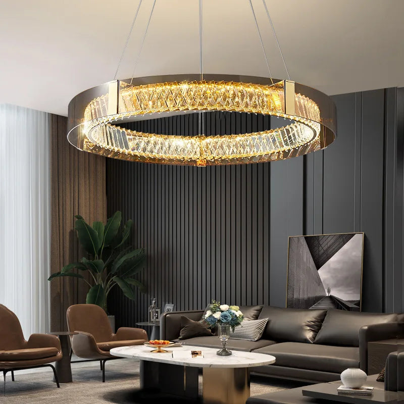 Axyaa Modern Luxury Dimmable K9 Crystal LED Ceiling Lamp, Gray Glass Steel Body Lighting