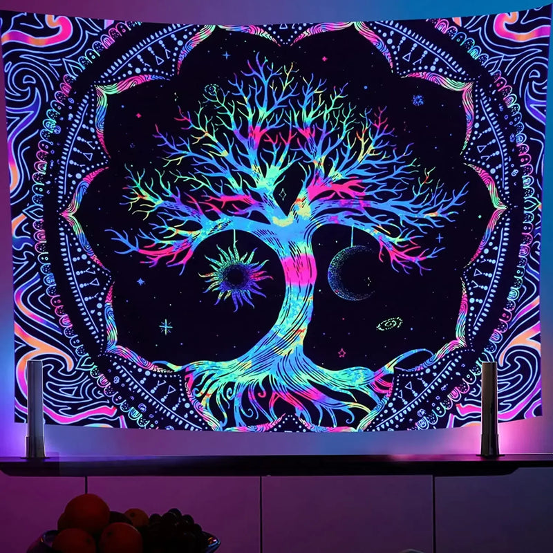 Axyaa Psychedelic Tree of Life Fluorescent Tapestry UV Wall Hanging
