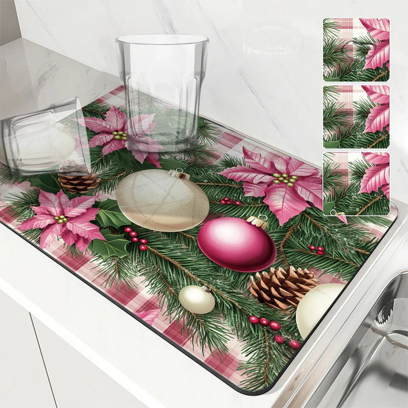 Axyaa Christmas Pink Diatom Mud Kitchen Drain Mats for Tableware & Coffee Machine
