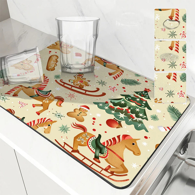 Axyaa Christmas Tree Coffee Cup Drying Mat - Absorbent Non-slip Diatoms Kitchen Mat