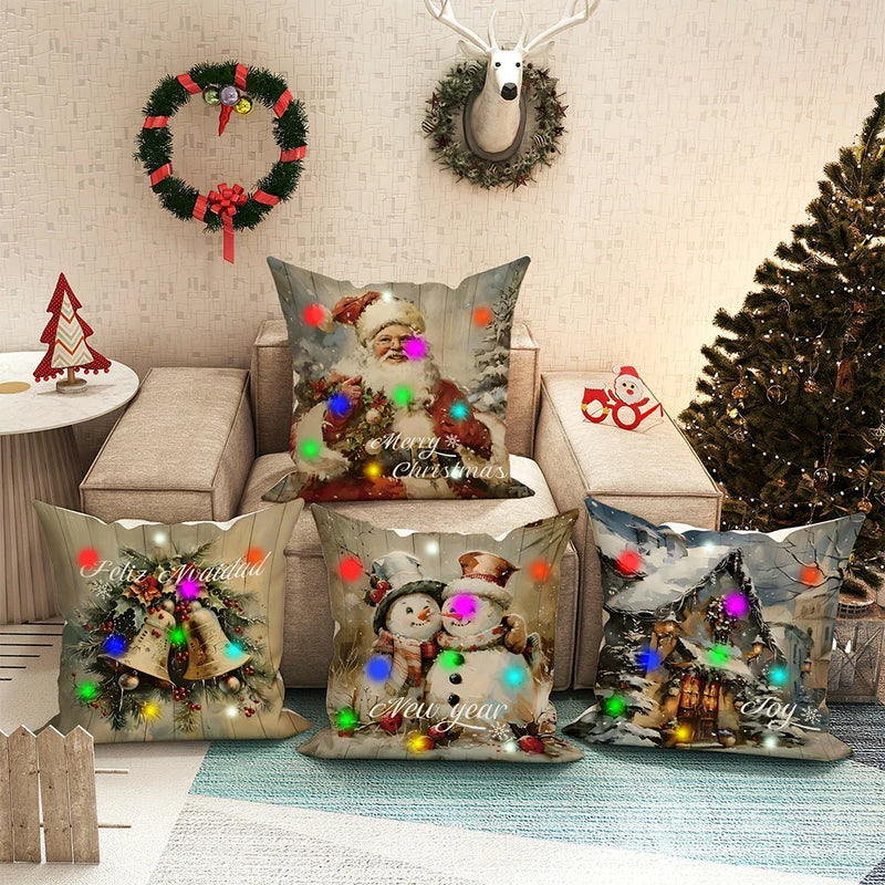 Axyaa LED Luminous Christmas Pillowcase with Retro Santa Claus Design