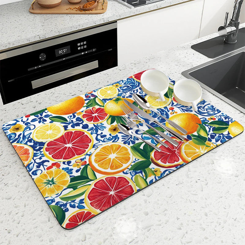 Axyaa Plant Leaf Lemon Kitchen Drying Mat - Quick Dry Absorbent Draining Pad