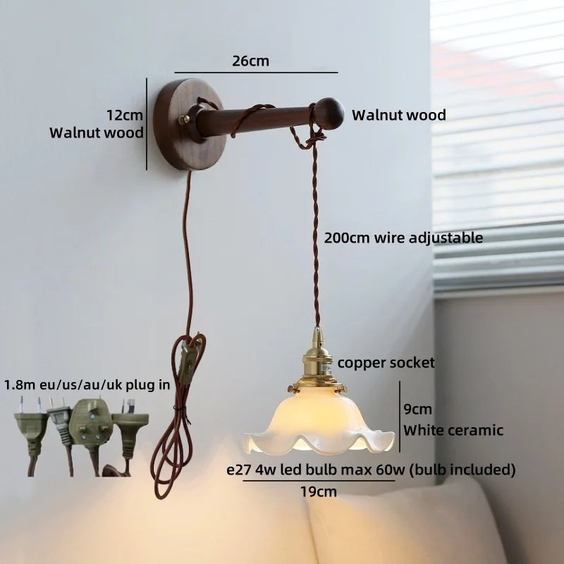Axyaa Round Ceramic E27 Wall Lamp with Pull Chain Switch and Warm LED Light