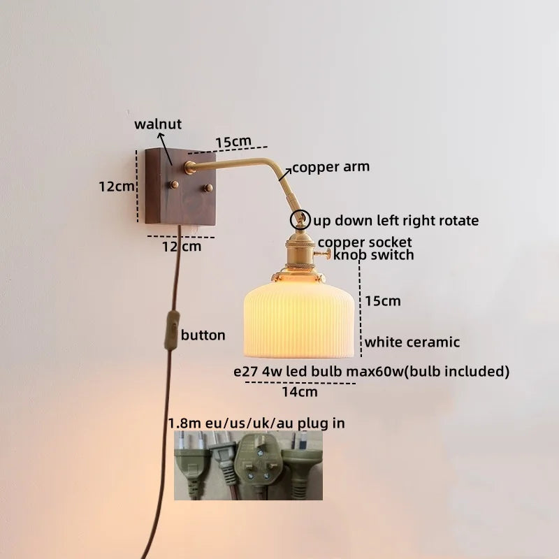 Axyaa Ceramic Copper LED Wall Lamp with Pull Chain Switch