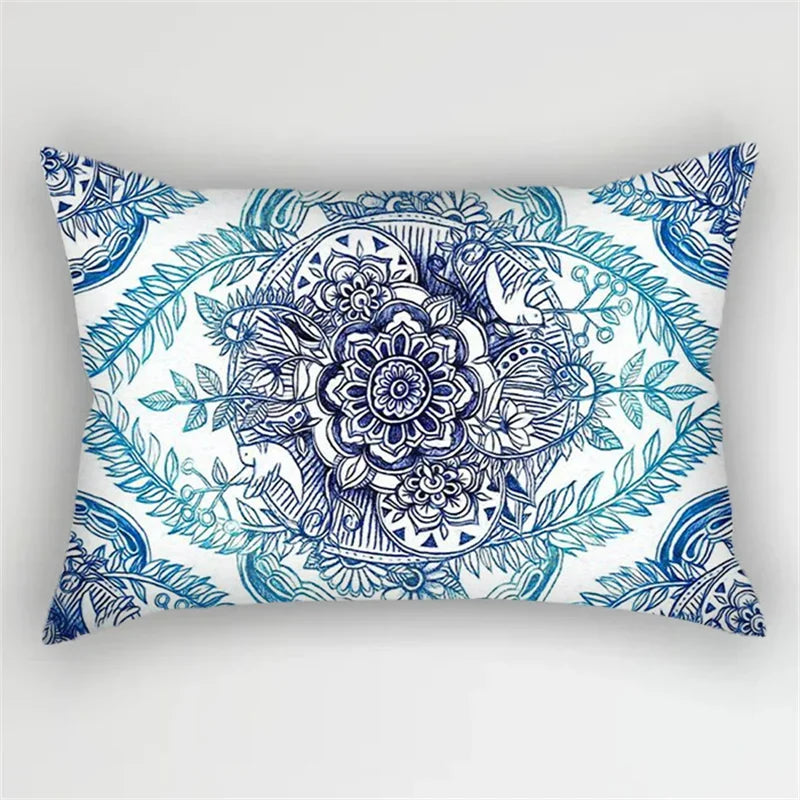 Bohemian Blue Flower Pillowcase with Vintage Ink Plant Leaf Design, by Axyaa