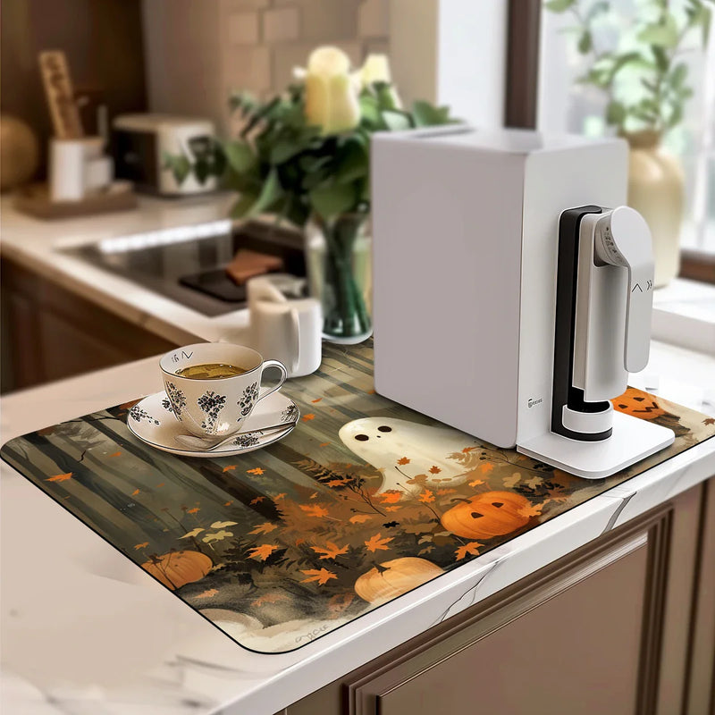 Axyaa Halloween Coffee Dish Mat: Absorbent & Anti-Slip Kitchen Draining Pad