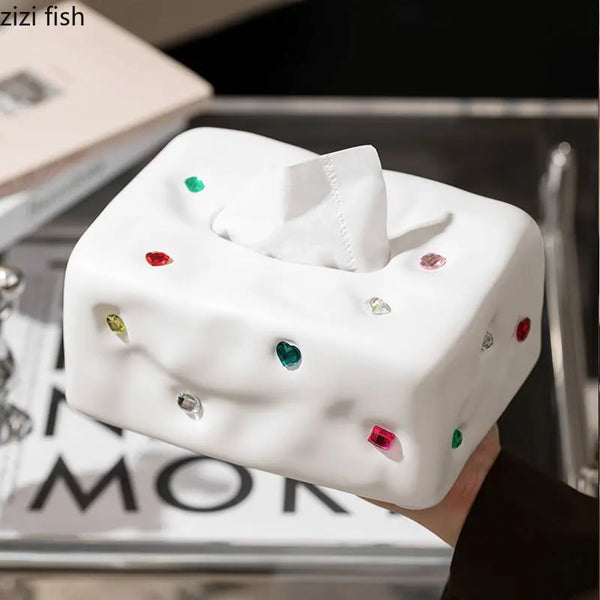 Gemstone-Set Ceramic Tissue Box & Cartoon Crystal Toilet Paper Holder by Axya for Desktop Organization