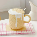 Axyaa 400ML Biscuit Pattern Coffee Mug With Lid, Spoon - Cute Kawaii Ceramic Cup