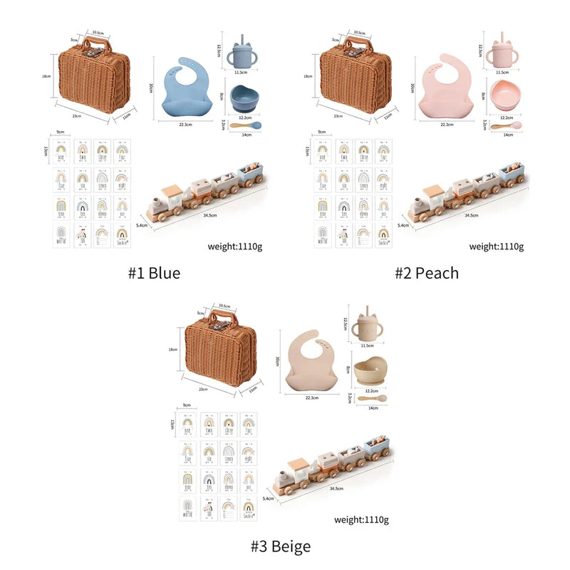 Axya Newborn Vintage Gift Box Set: Feeding Bowl, Spoon, Bib, Cup, Wooden Train Toy, Photography Prop