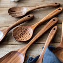 Axyaa Wood Kitchen Utensil Set - Skimmer Spoons, Salad Scoop, Non-Stick Colander