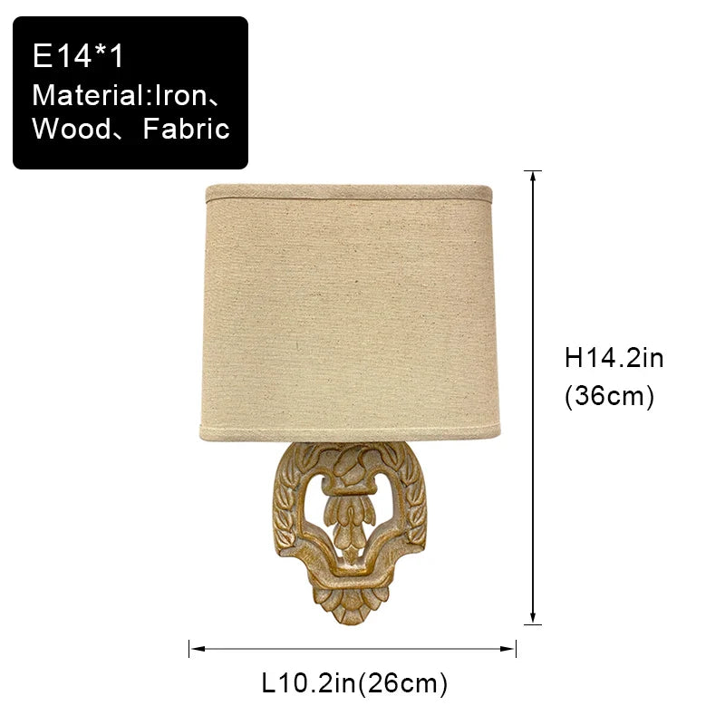 Axyaa Retro Wooden Wall Sconce with Fabric Shade for Bedroom and Living Room