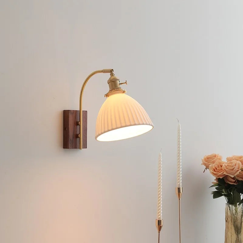 Axyaa Ceramic Walnut LED Wall Lights - Modern Bedroom & Living Room Bedside Lamp