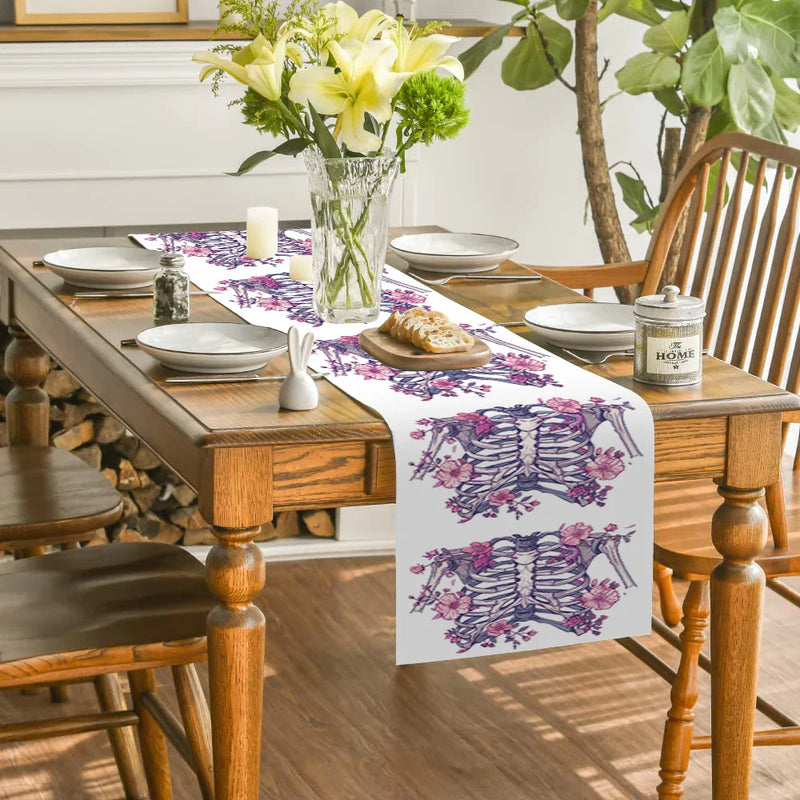 Axyaa Halloween Skeleton Floral Table Runner for Dining Room