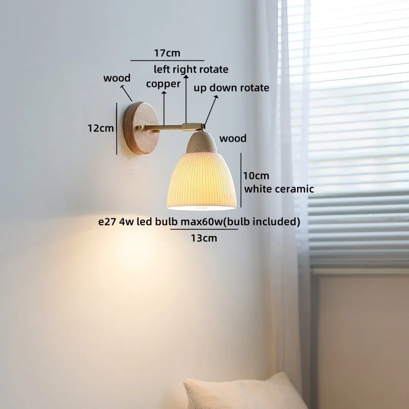 Axyaa White Ceramic LED Wall Sconce – Wooden Socket Stair Wall Light