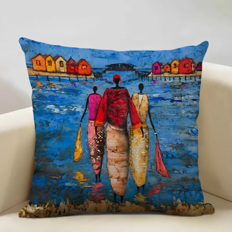 Axyaa African Oil Painting Art Pillow Case 45x45cm Linen Cushion Cover