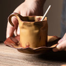 Axyaa Pleated Ceramic Coffee Cup and Saucer Set, Hand Punch Hanging Ears, Japanese Light Luxury