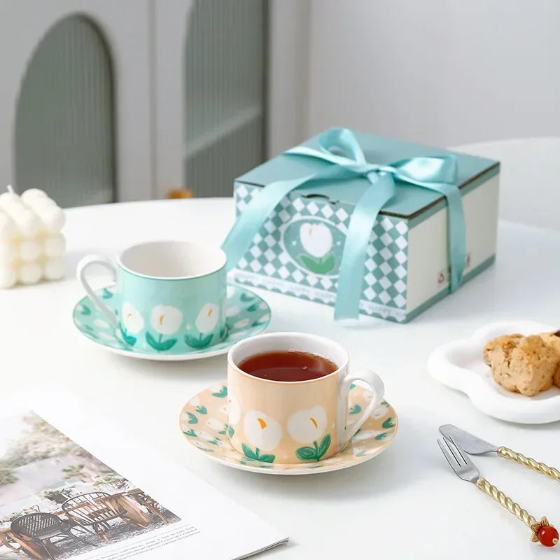 Axyaa Tulip Pattern Ceramic Cup and Saucer Set - Ideal for Tea, Coffee, and Desserts