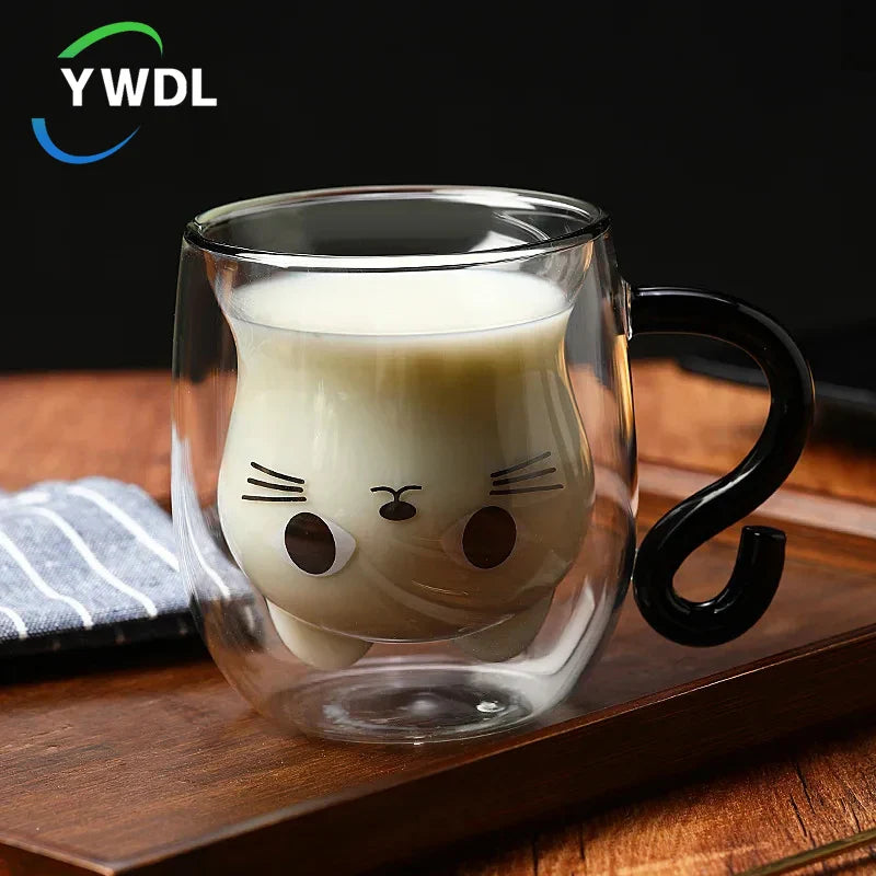 Axya 250ml Cartoon Cat Double Wall Glass Coffee Tea Cup Heat-resistant Mug