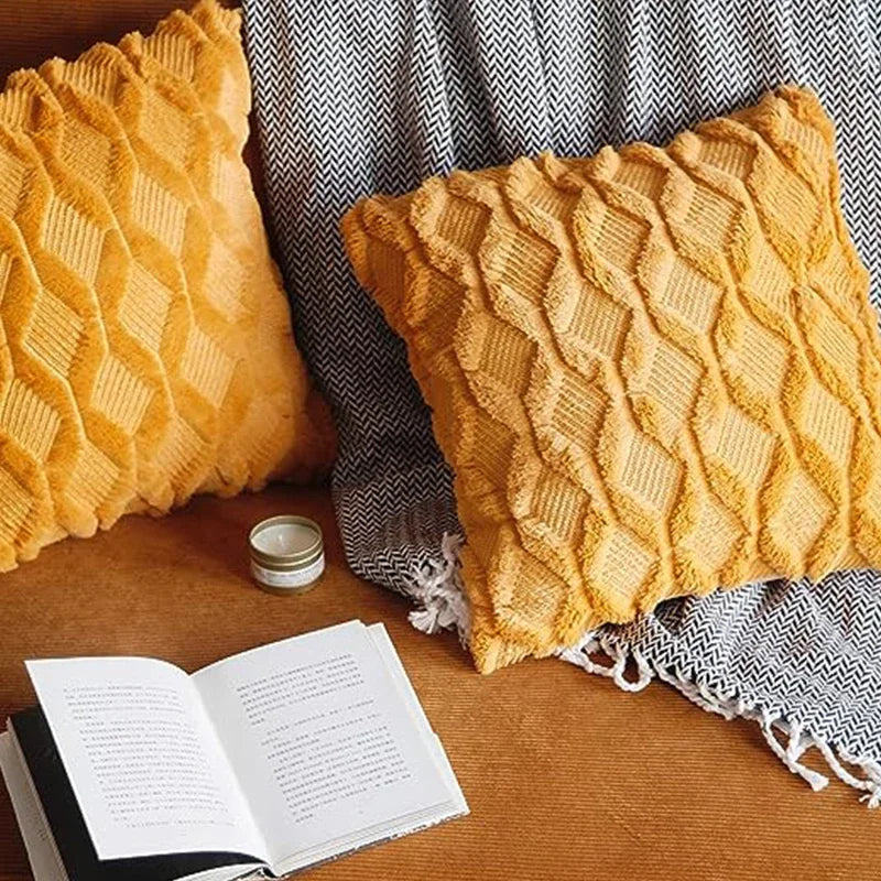Axyaa Yellow Plush Geometry Pillow Cover 18x18inch
