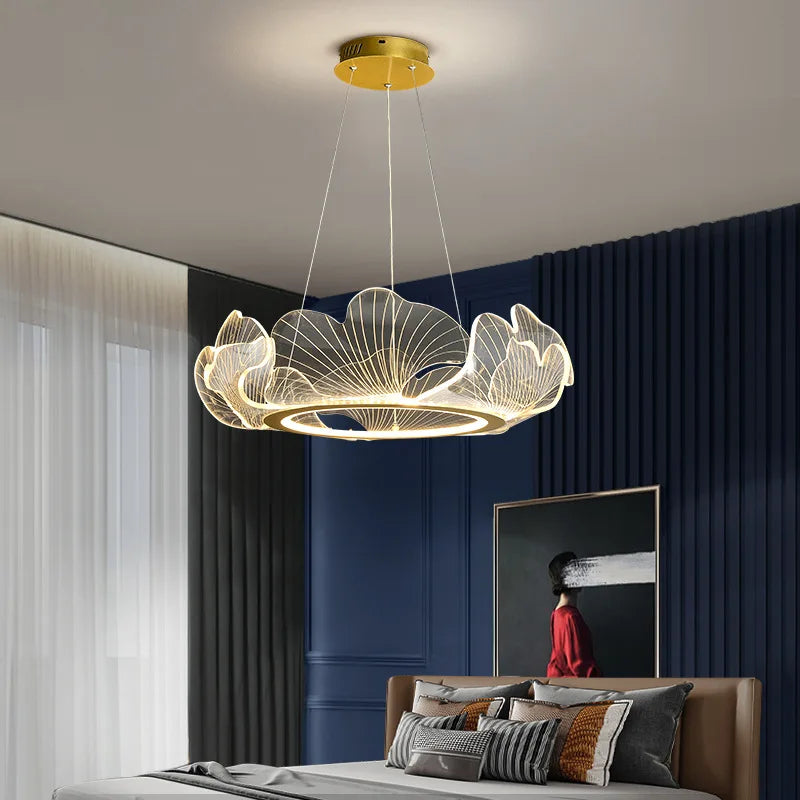 Axyaa Gold Metal Acrylic LED Pendant Chandelier for Modern Living Room