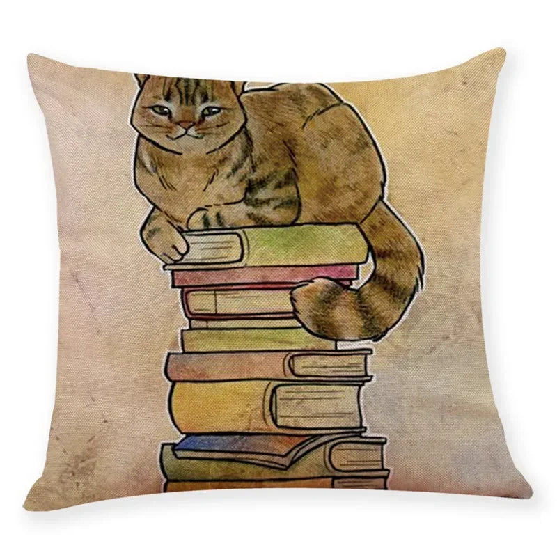 Axyaa Cat Print Linen Pillowcase 45x45cm Home Decor Cushion Cover