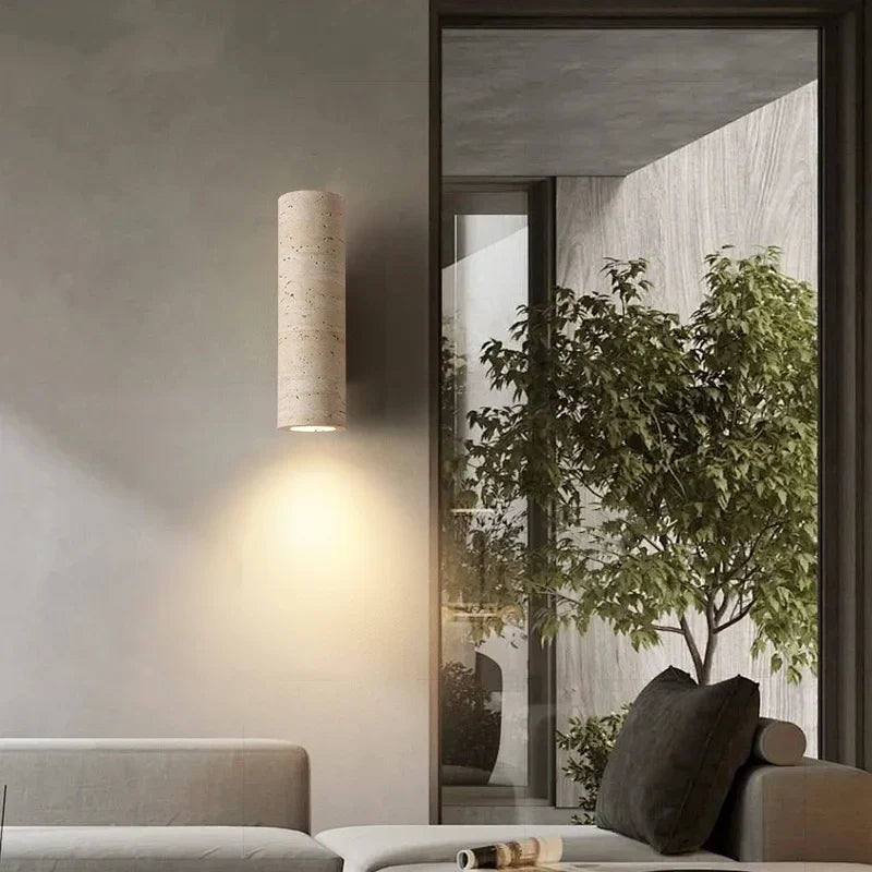 Axyaa Round Yellow Travertine LED Wall Lamp Indoor Decor Stone Wood Stair Light