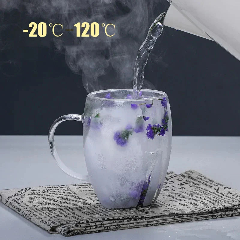 Axya Double Wall Glass Coffee Mugs 350ml Elegant Flower Design
