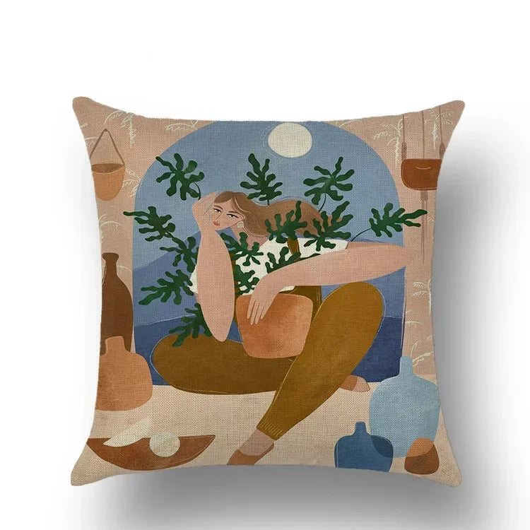 Abstract Portrait Painting Linen Sofa Pillow Case Set by Axyaa Art Decor