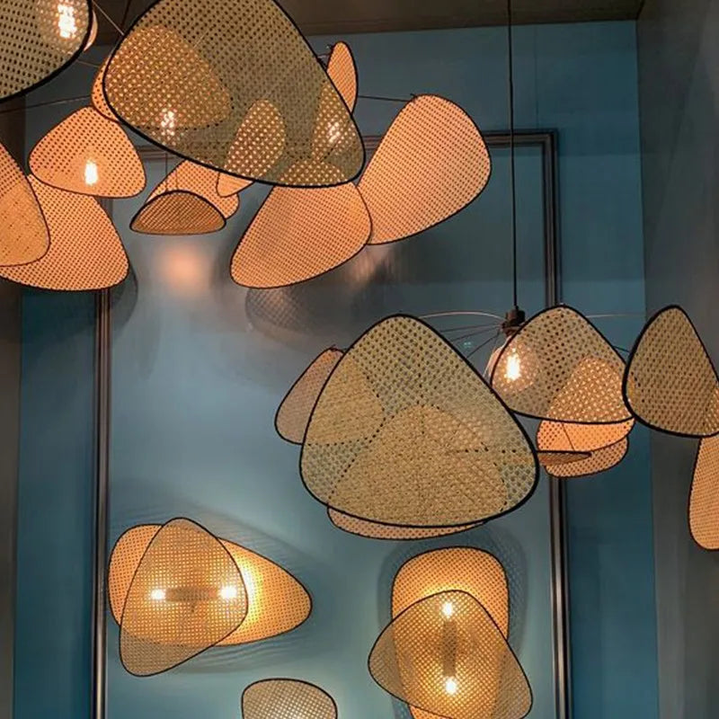 Axyaa Rattan Wicker Chandelier Kitchen Leaf Grid Wood Bamboo Lamp