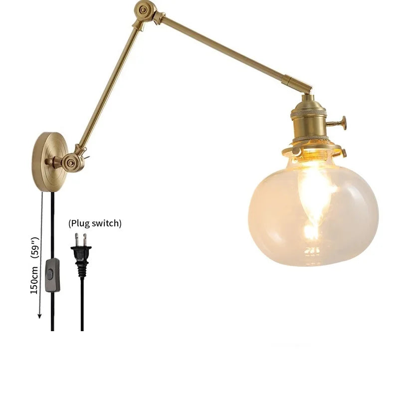 Axyaa Smoke Glass Ball LED Wall Sconce Copper Arm Switch Modern Luminaria