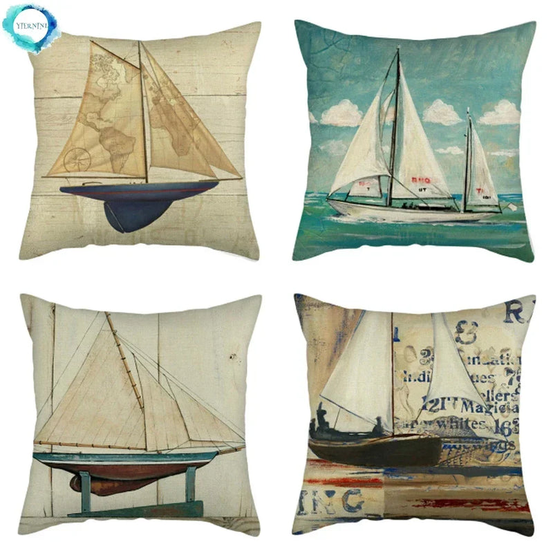 Marine Ship Print Linen Pillow Cover for Home Sofa Decor Axyaa