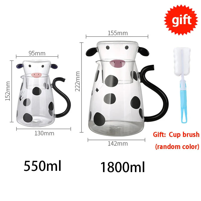 Axya Glass Cow Kettle Set: Transparent Water Carafe, Cup, Coffee Jug
