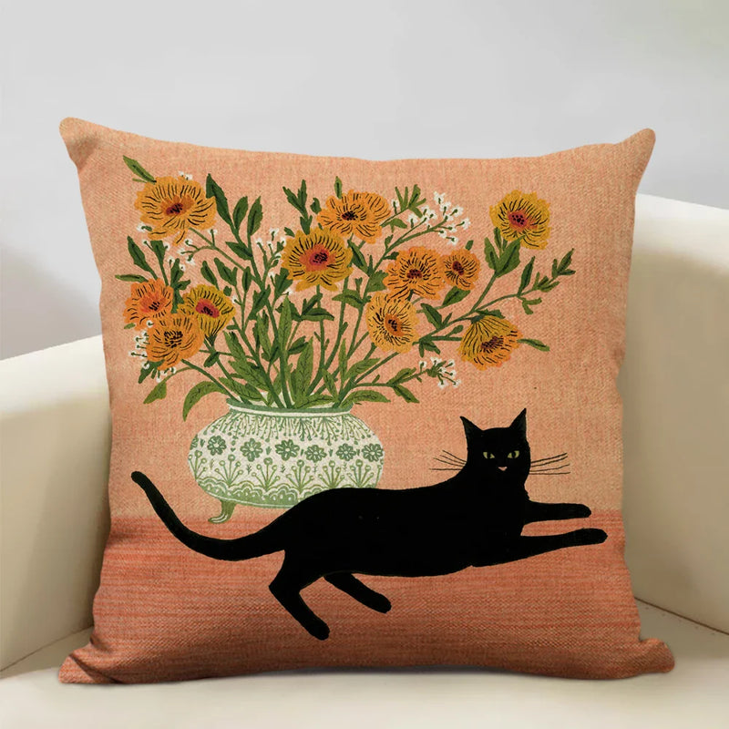 Axyaa Beauty Girl Cat Print Linen Pillowcase Portrait Cartoon Home Decor Cover