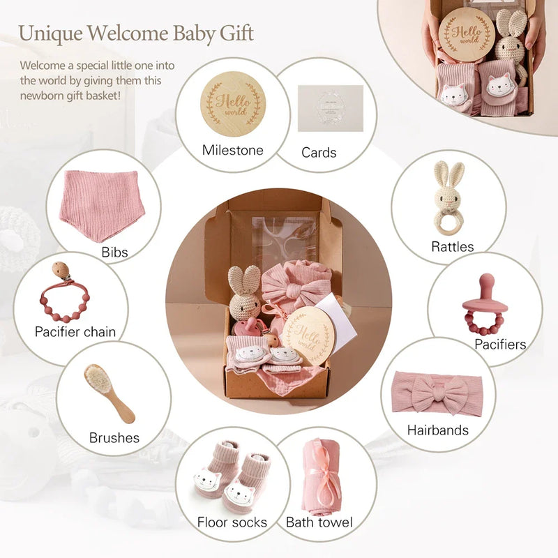 Axya Newborn Essentials Gift Set: Towel, Blanket, Pacifier Chain, Bracelet, Rattle & Gift Box