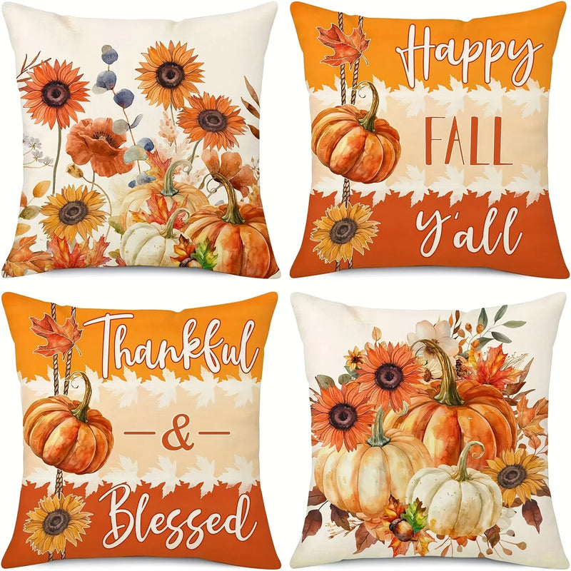 Autumn Velvet Pillow Covers, Maple Leaf & Floral Pumpkin Designs for Fall Decor - Axyaa