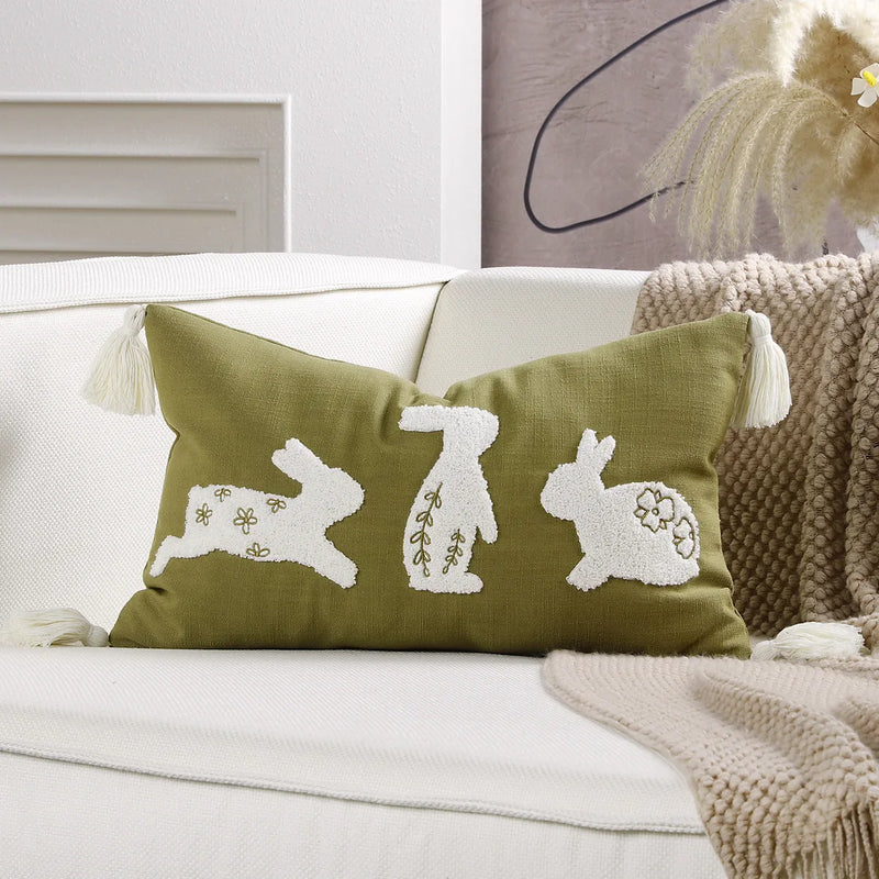 Axyaa Bunny Rabbit Floral Embroidery Pillow Cover, Soft Canvas Texture, Easter Home Decor