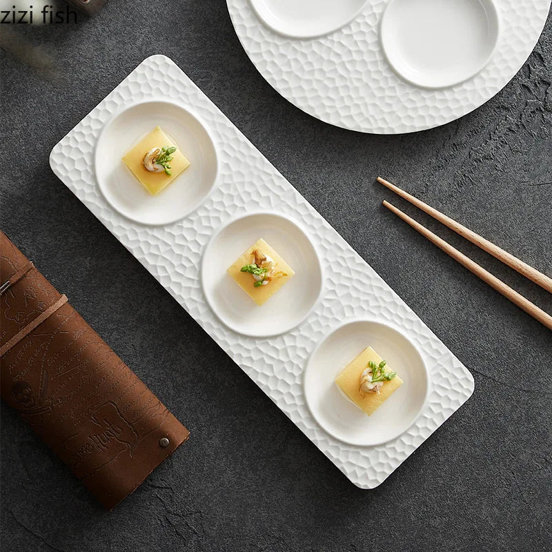 Axya 3-Grid White Ceramic Snack Tray Sushi Plate Set